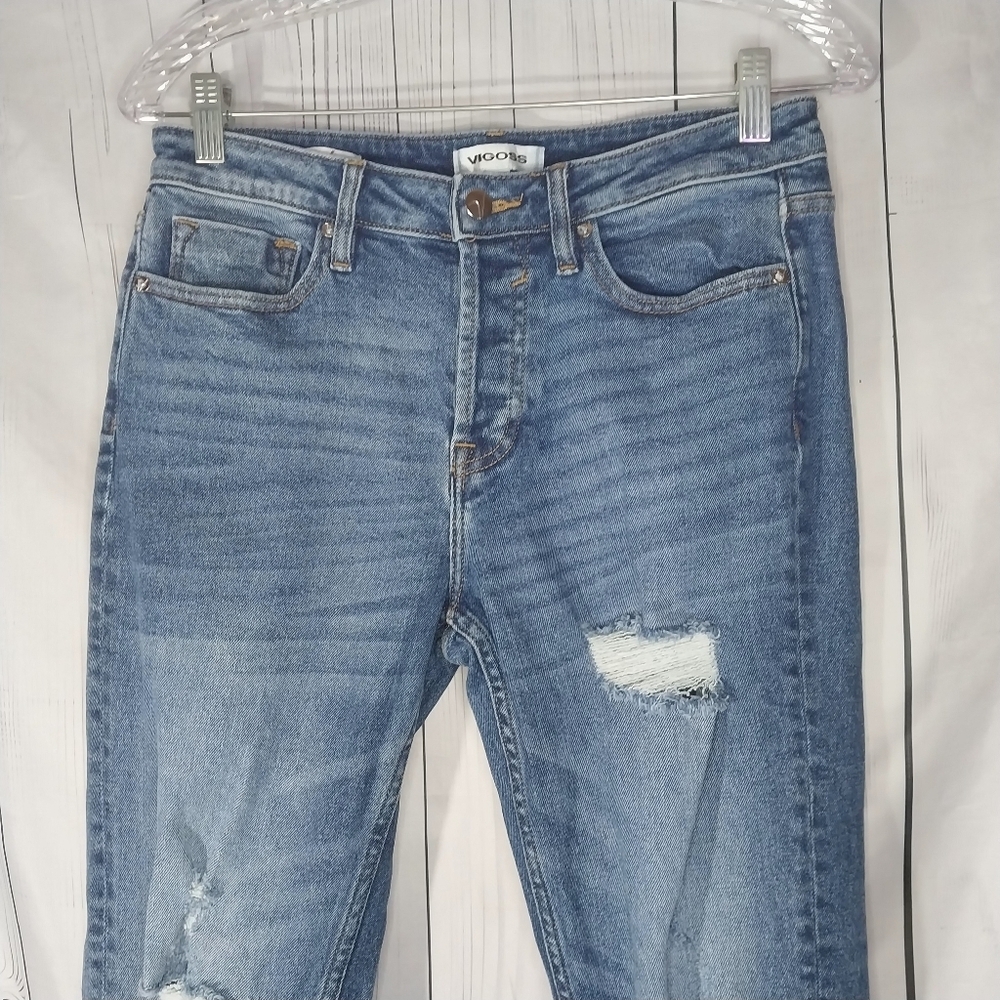 Vigoss Distressed Ripped Blue High Rise Skinny Straight Button-Fly Jeans - Picture 3 of 10